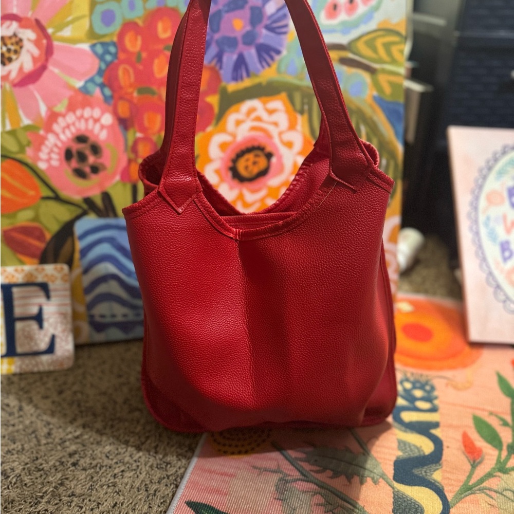 Soft Top Grain Leather Red Tote/Structured Shoulder Leather Statement Bag